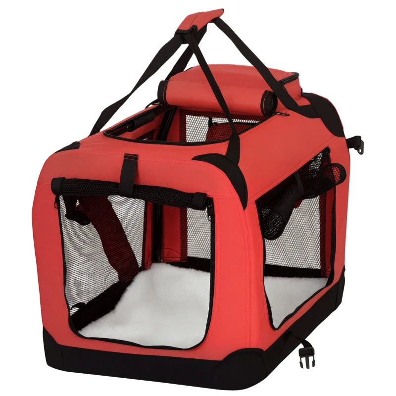 Foldable Pet Carrier for Small Dogs & Cats - Portable Soft-Sided Travel Crate with Removable Mat & Mesh Window - Red 60x42x42cm