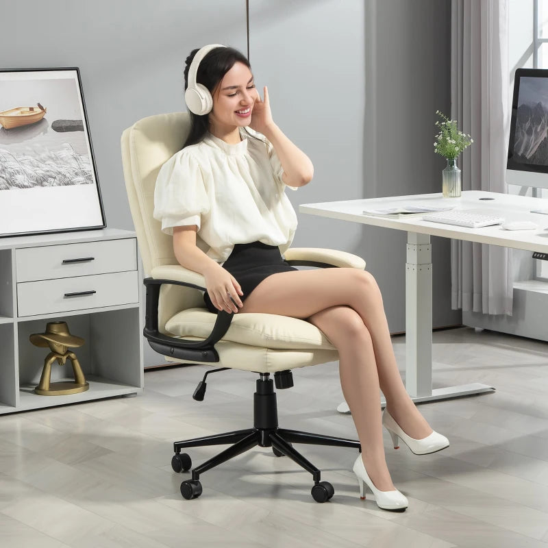 Vinsetto Cream White PU Leather Office Chair - Adjustable Height, Swivel Rolling Wheels for Home & Study