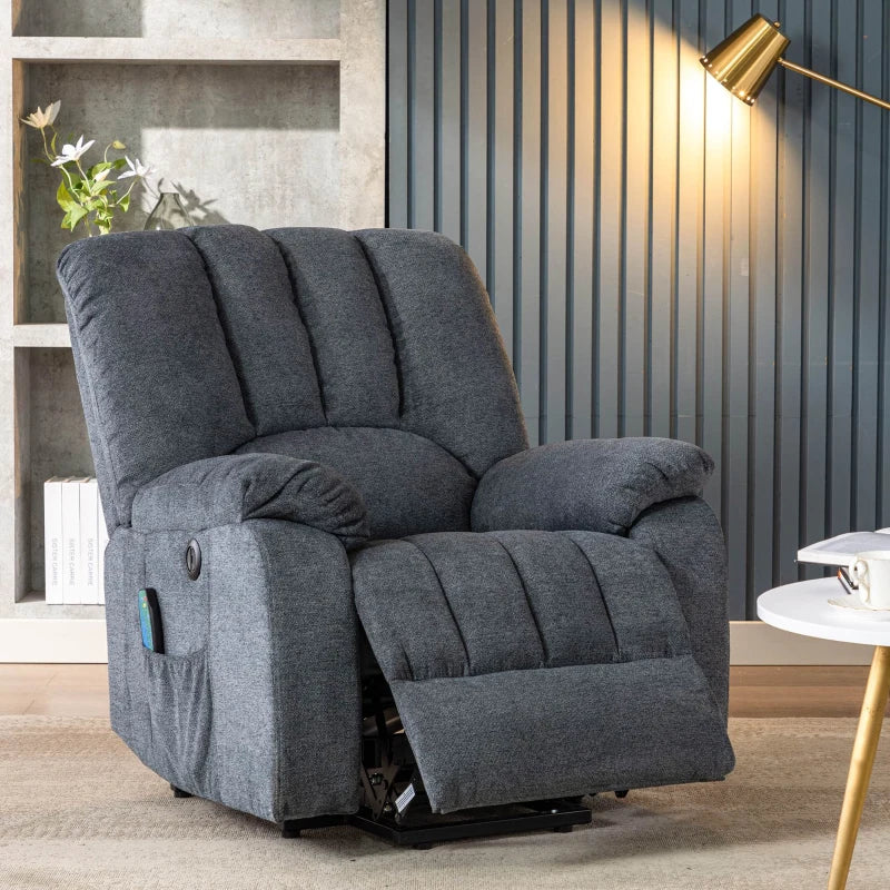 Electric Recliner Armchair with Heating, Massage, USB Ports, and Side Pockets - Light Grey-Blue, 92x94x105 cm