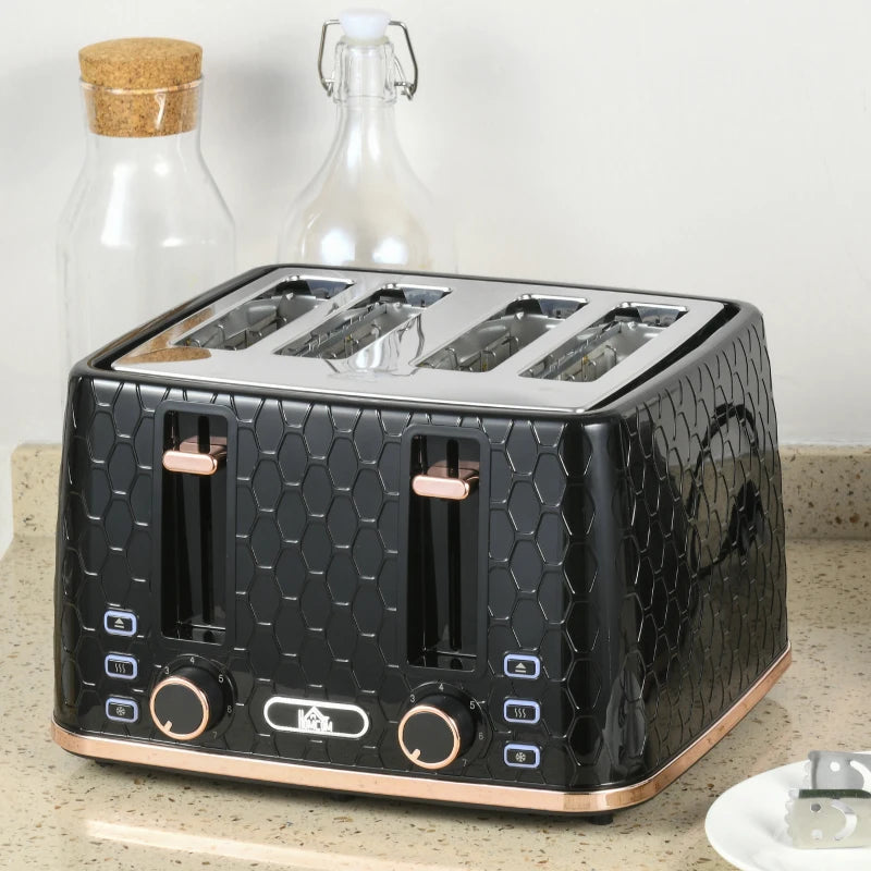 4 Slice Toaster with 7 Browning Levels, High Lift, Auto Off, Black Honeycomb Texture - Perfect for Even Toasting