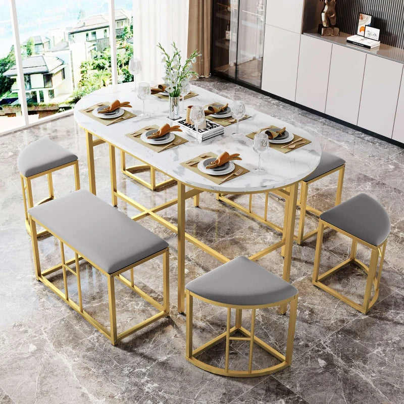 Modern Gold Dining Table Set with 4 Small & 2 Large Stools, Steel Frame, 140x70x76 cm, 120 kg Capacity