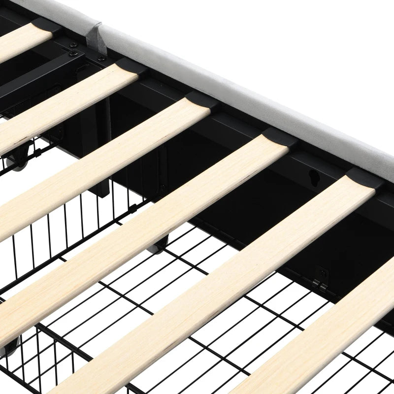 4ft6 Upholstered Double Bed with Velvet Headboard, 4 Storage Drawers, LED Lights & Charging Socket - Grey, 206L x 143W x 115H cm