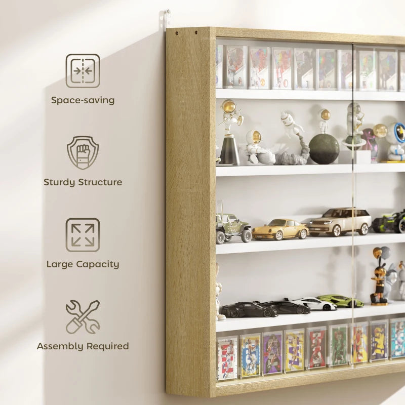 5-Tier Wall Display Shelf Unit with 4 Adjustable Shelves & Glass Doors - Natural Finish for Home & Office Decor 60x80cm