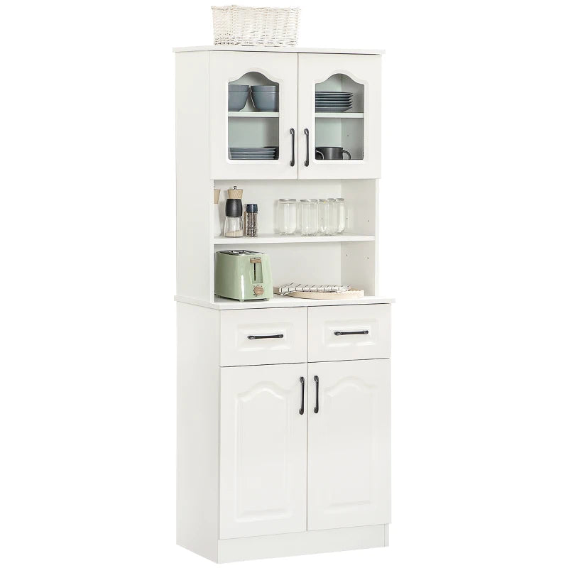 Freestanding Kitchen Cupboard Storage Cabinet - 168cm White with 2 Adjustable Shelves, 2 Drawers & Open Counter for Living Room/Dining Room
