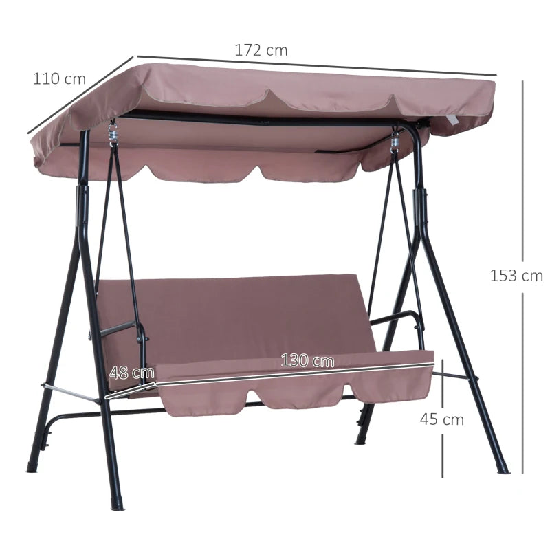 Brown 3-Seater Canopy Swing Chair with Top Roof - Heavy Duty Metal Garden Rocking Bench