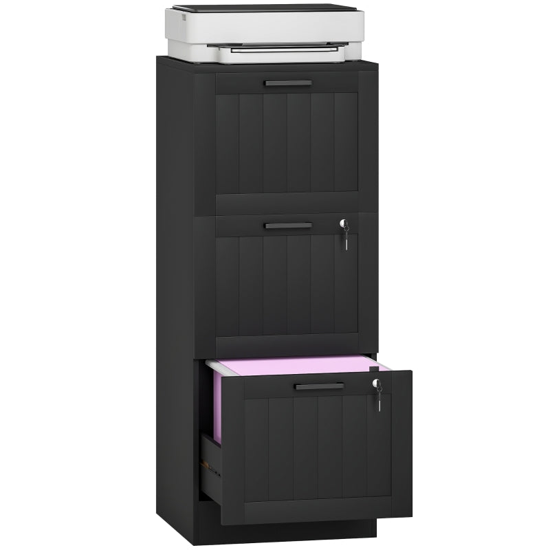 Secure 3 Drawer Filing Cabinet with Lock - Adjustable Hanging Bars for A4 Files - Stylish Black Office Storage Solution