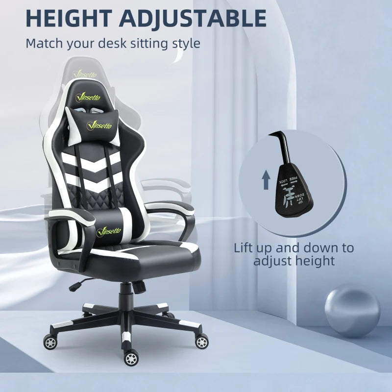 Vinsetto Gaming Chair - Ergonomic Computer Desk Chair with Lumbar Support, Faux Leather, Headrest & Swivel Wheels - Black & White