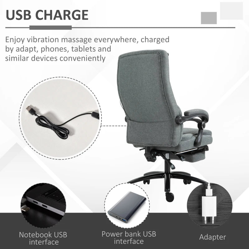 Vinsetto Grey Office Chair with Adjustable Massage Pillow, USB Power, Retractable Footrest, High Back, 360° Swivel for Home