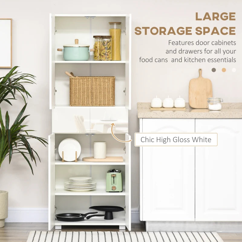 Tall Freestanding 4-Door Kitchen Cupboard with Adjustable Shelves and Drawers for Living Room and Dining Room High Gloss White