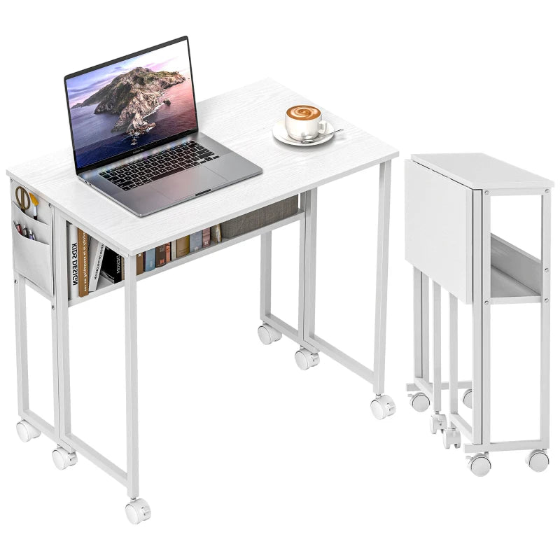 80 cm White Drop Leaf Writing Desk - Compact Home Office Workstation with Versatile Folding Design