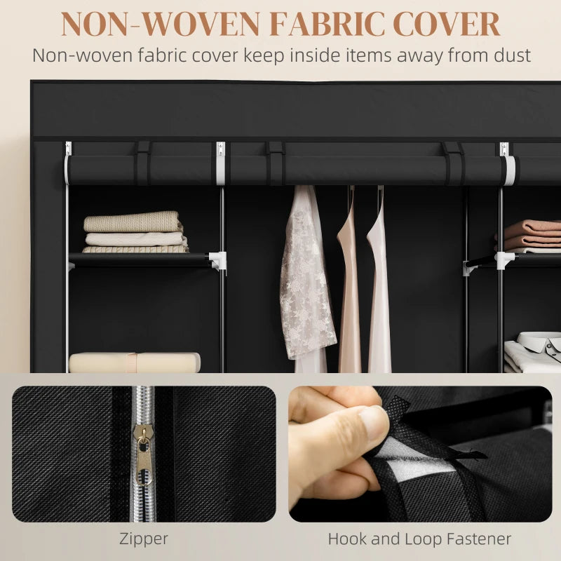 Portable Foldable Fabric Wardrobe Clothes Storage Organizer with Hanging Rail and Shelves Black