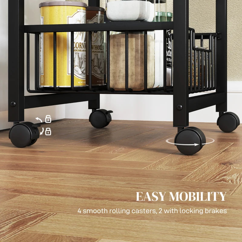 Three Basket Mobile Kitchen Island with Brakes - Stylish Grey/Black Storage Solution for Home Cooking and Dining