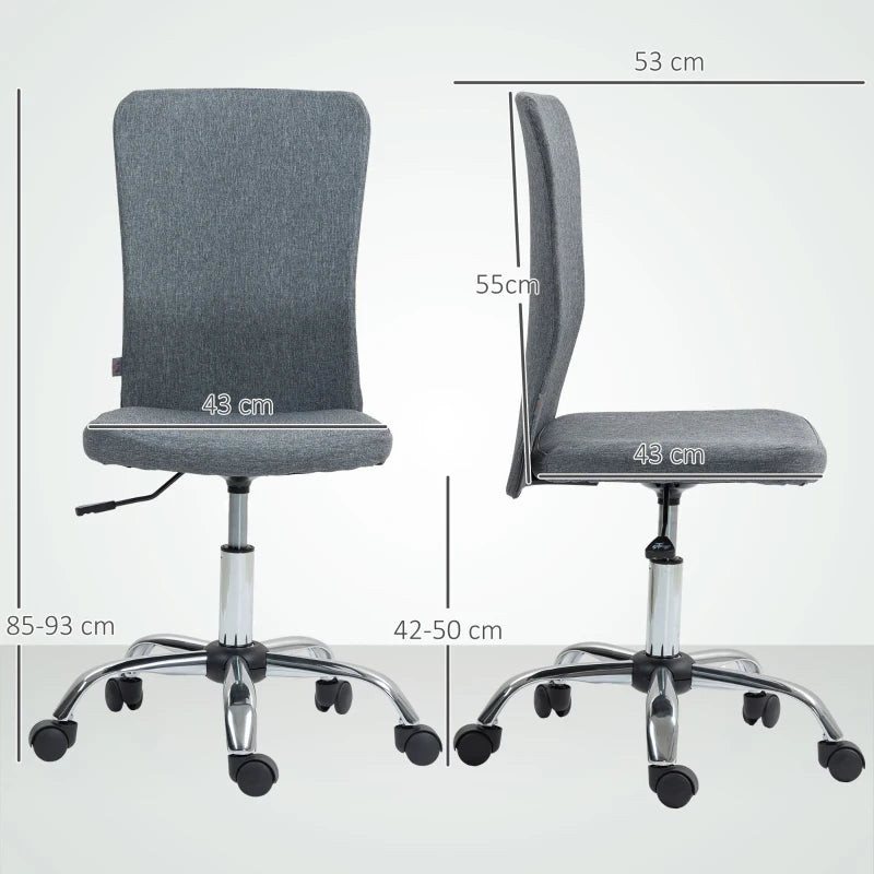 Armless Grey Fabric Swivel Office Chair - Height Adjustable Makeup Vanity Chair with Wheels for Home Study & Bedroom