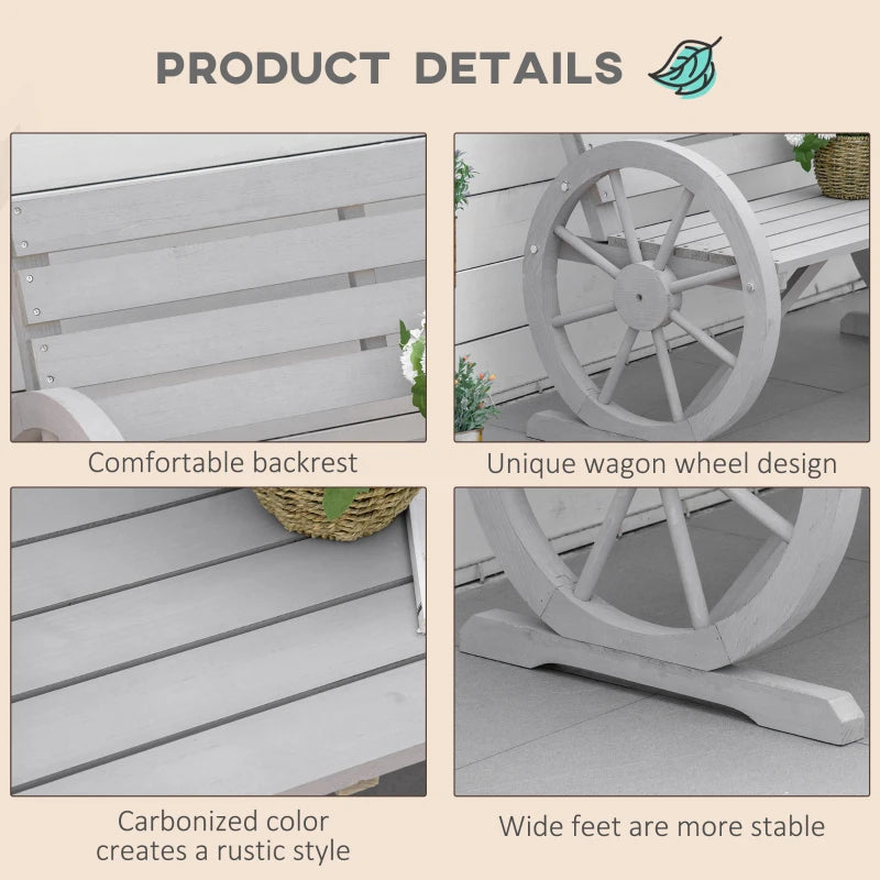 Grey Wooden Garden Bench with Wagon Wheel Design