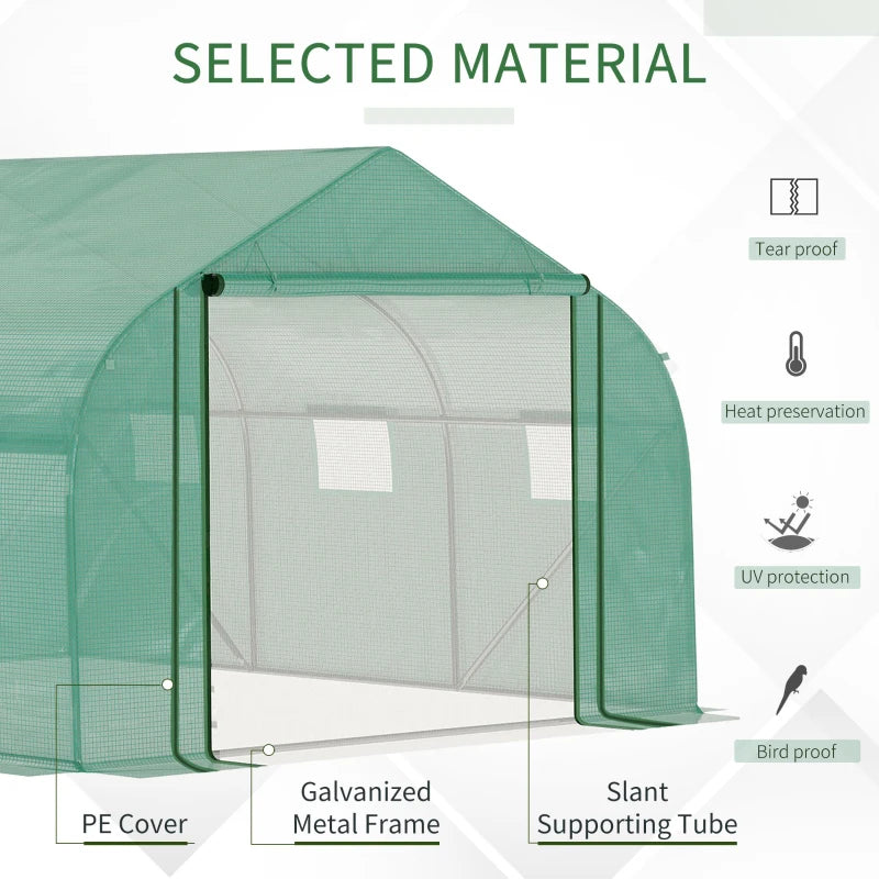 Green Walk-in Garden Greenhouse with Mesh Door, PE Cover, 6 Windows - 3.5 x 3 x 2m