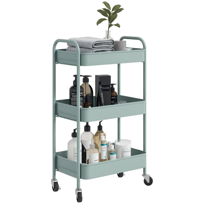 Light Blue Three-Tier Steel Storage Trolley - Durable, Stylish Organizer for Home, Office, Kitchen & Garage