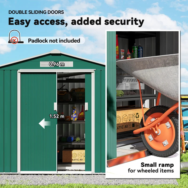Green 7ft x 4ft Lockable Metal Shed with Ventilation Slots, Foundation Kit and Lockable Double Doors