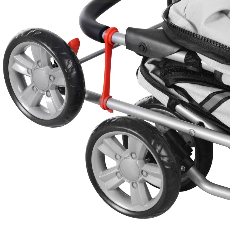 Foldable Pet Stroller for Small Dogs & Cats - Travel Carriage with Wheels, Zipper Entry, Cup Holder & Storage Basket - Grey
