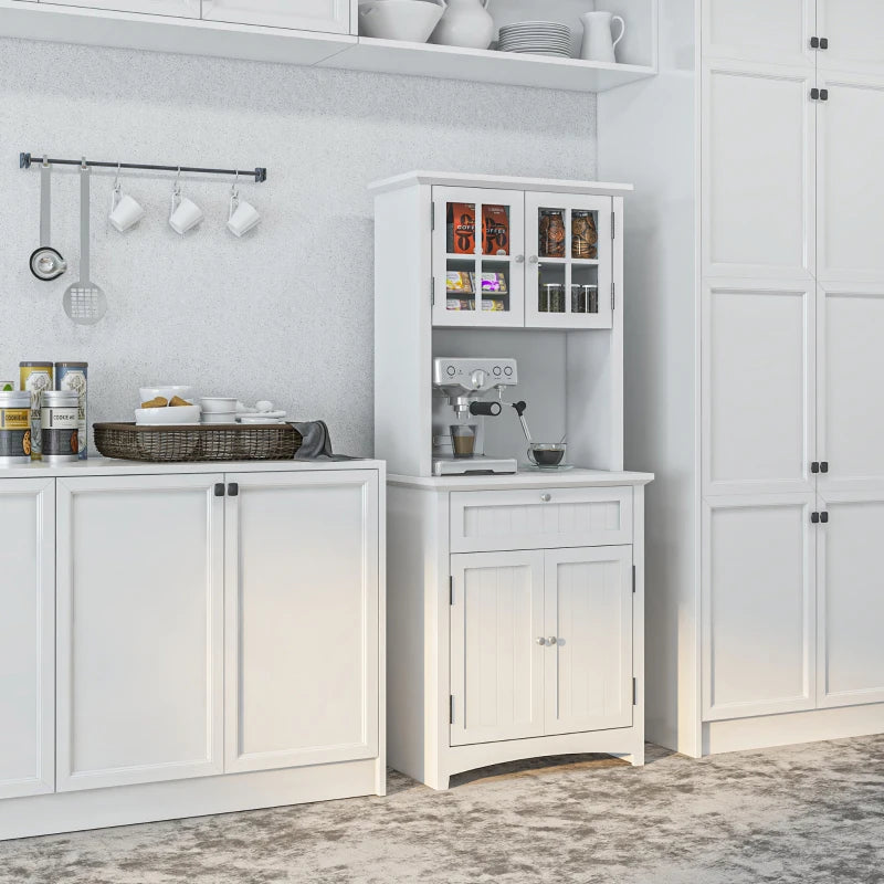 Stylish White Wooden Kitchen Cupboard with Glass Door, Drawer & Microwave Space - Perfect Storage Cabinet for Dining & Living Room