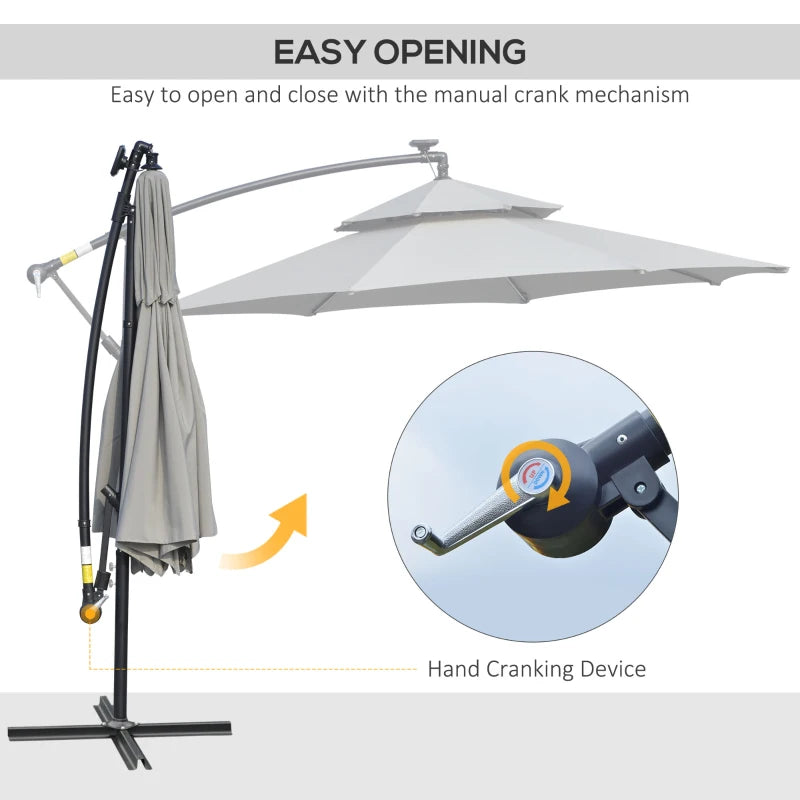 Light Grey Cantilever Hanging Umbrella with LED Solar Lights