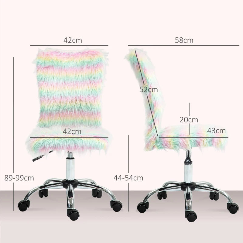 Fluffy Unicorn Desk Chair - Armless Adjustable Height Makeup Vanity Chair with Rolling Wheels for Home Study & Bedroom