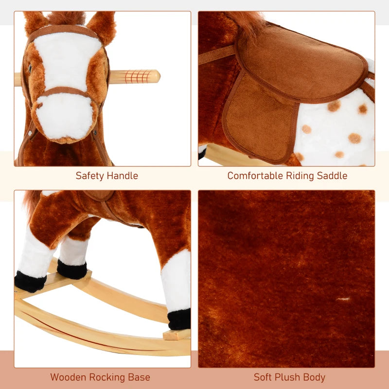 Plush Baby Rocking Horse Ride-On Toy with Sound Handle Grip for Kids Ages 3-6 - Brown Soft Animal