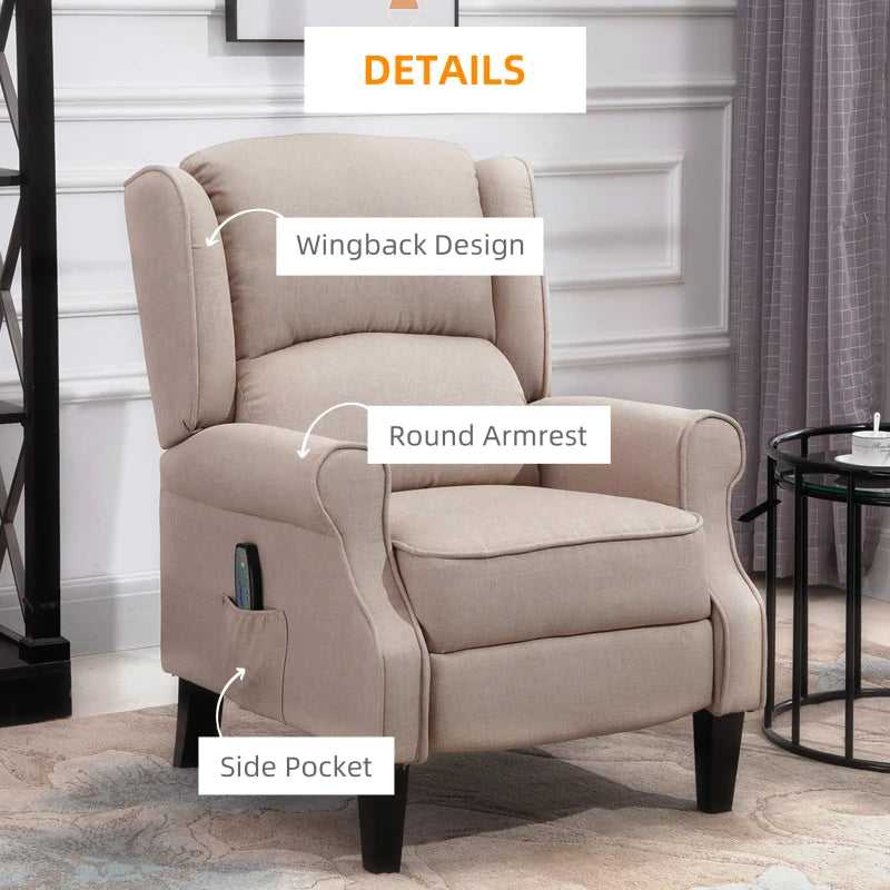 Luxury Heated Massage Reclining Armchair with Thick Sponge Padding and Linen Upholstery for Home Relaxation in Beige