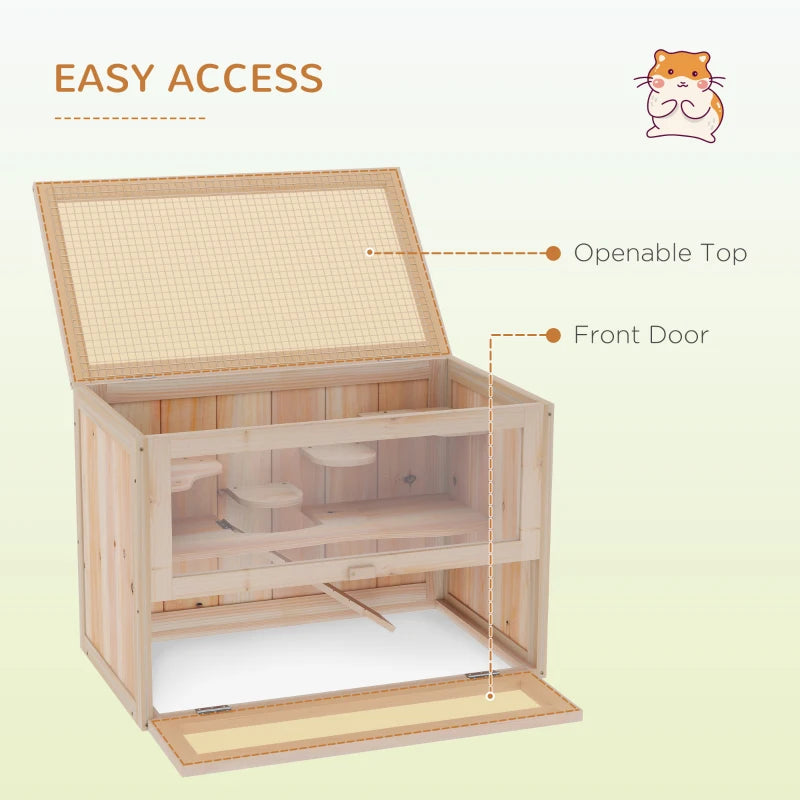 Natural Wooden Hamster Cage for Mice & Small Rodents - 60x35x42cm Exercise Play House Hutch