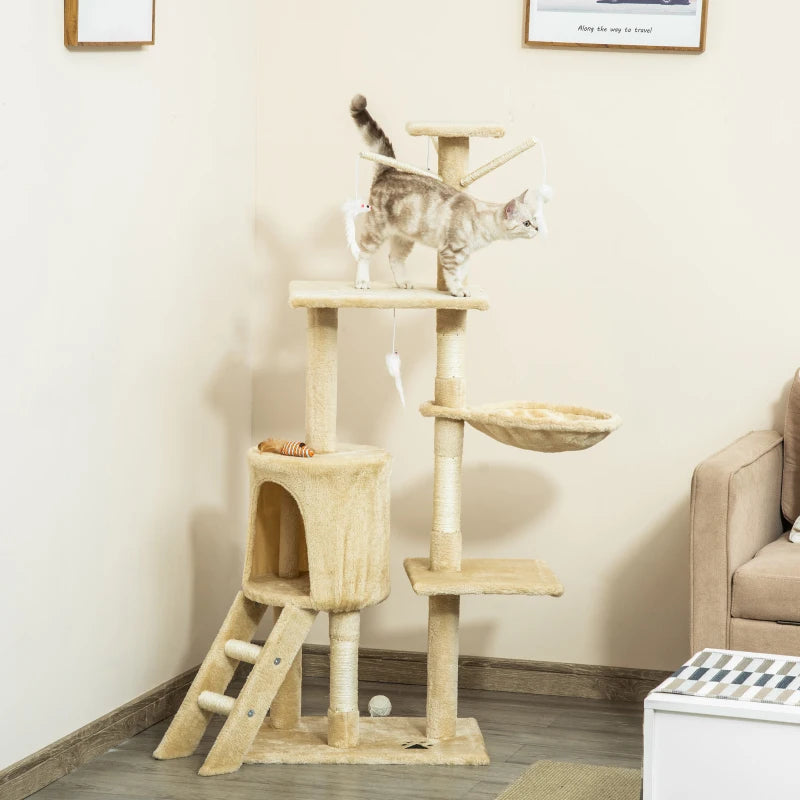 Beige Multi-Level Cat Tree with Scratching Post, Ladder & Cozy Cat House - Perfect for Play & Relaxation
