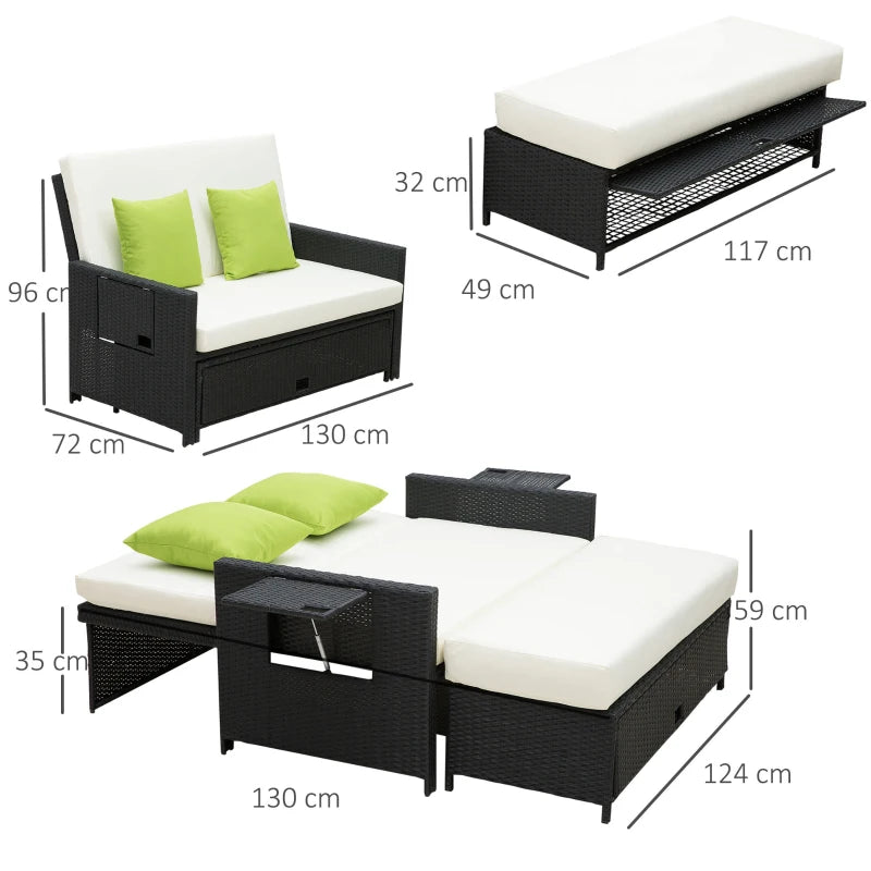 Black Rattan 2-Seater Sun Lounger Sofa Bed
