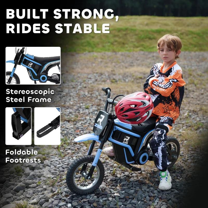 24V Electric Motorbike for Kids with Twist Grip Throttle Music Horn 12 Inch Tyres Blue