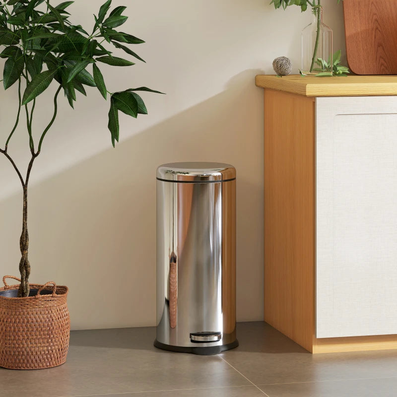 30L Stainless Steel Foot Pedal Bin with Lid - Modern Silver Metal Kitchen Garbage Rubbish Waste Container
