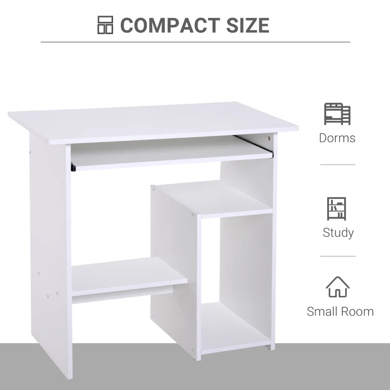Compact Modern White Wooden Computer Desk with Keyboard Tray & Storage Shelf - Ideal Corner Table for Home Office