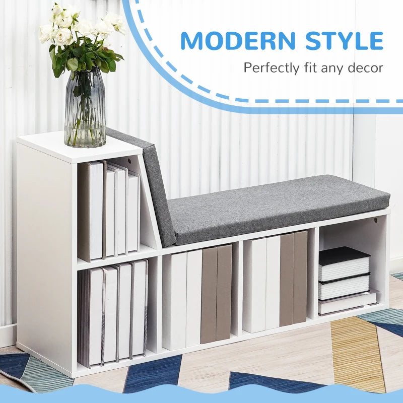 Stylish White Bookcase Storage Shelf with Cushioned Reading Seat - Perfect Bookshelf Cabinet for Study & Living Room