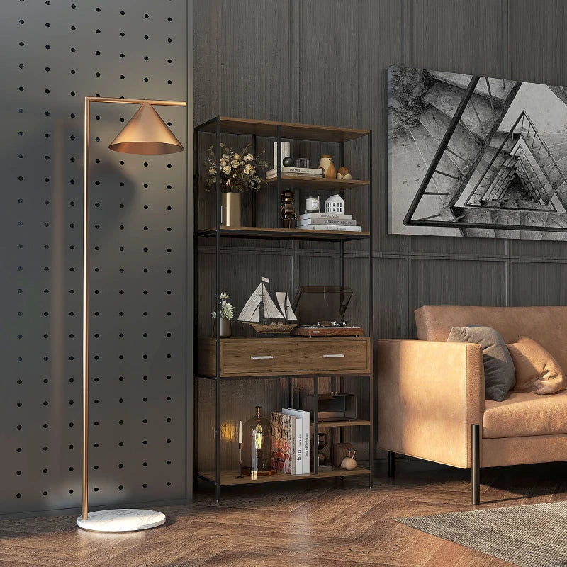 Industrial Seven-Shelf Display Shelf with Drawers - Stylish Brown and Black Storage Solution for Home or Office