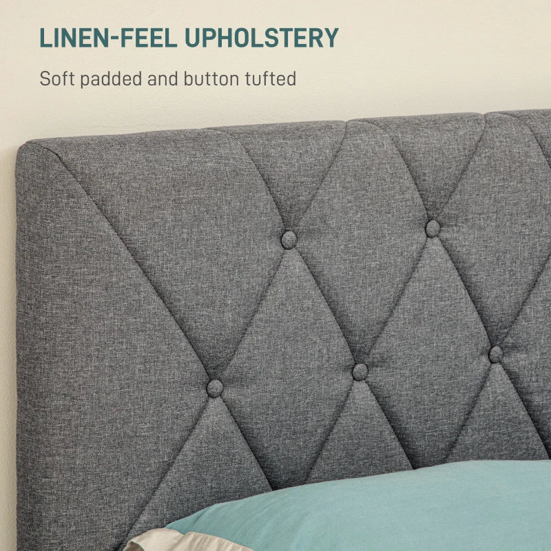 Adjustable Linen Upholstered Double Bed Frame with Stylish Headboard in Grey 145x196x120cm