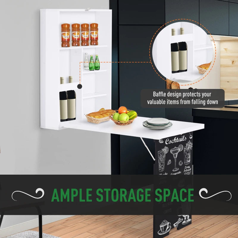 Folding Wall-Mounted Drop-Leaf Table with Chalkboard & Storage Shelf - Multifunctional Floating Desk for Home Office - White