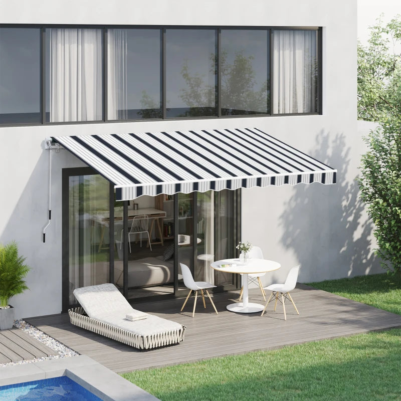 Blue and White Striped Retractable Awning Canopy (Manual)