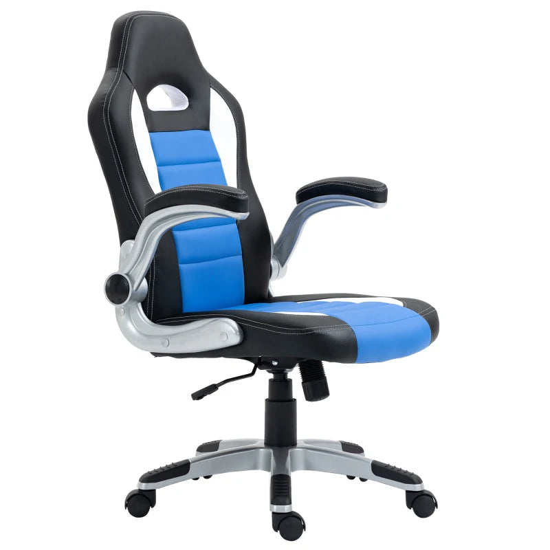 Ergonomic Blue Gaming Chair - PU Leather Office Desk Swivel Chair with Adjustable Height, 90° Flip-up Armrests & Rolling Wheels