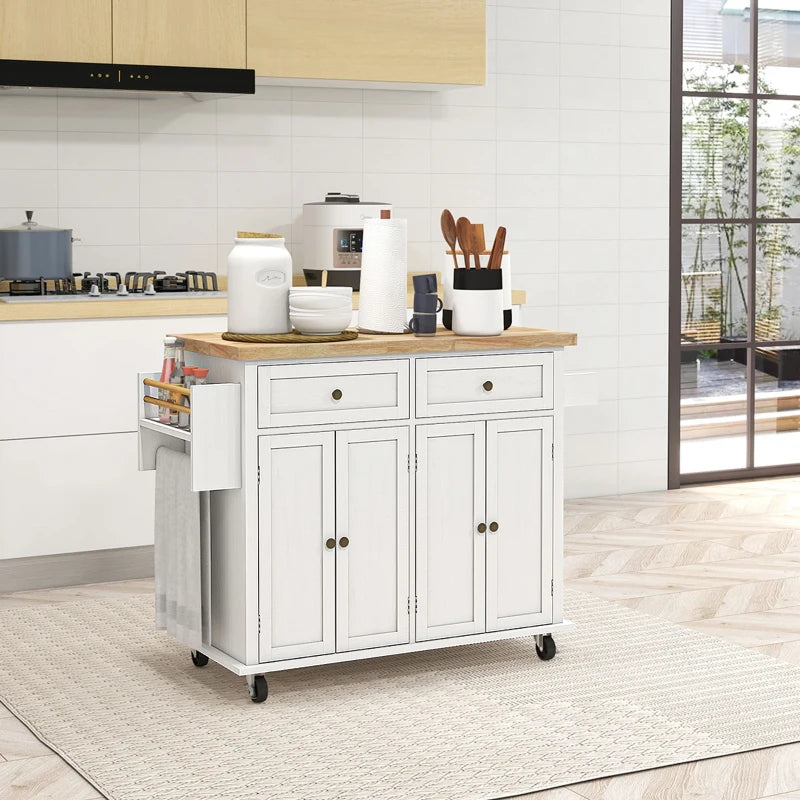 Rolling Kitchen Island Storage Trolley with Rubber Wood Top & Drawers - White Dining Room Cart for Easy Organization