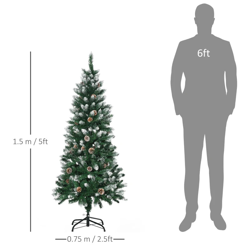 5 Ft Snowy Artificial Christmas Tree with Realistic Branches & Pine Cones - Indoor Holiday Decoration in Green & White