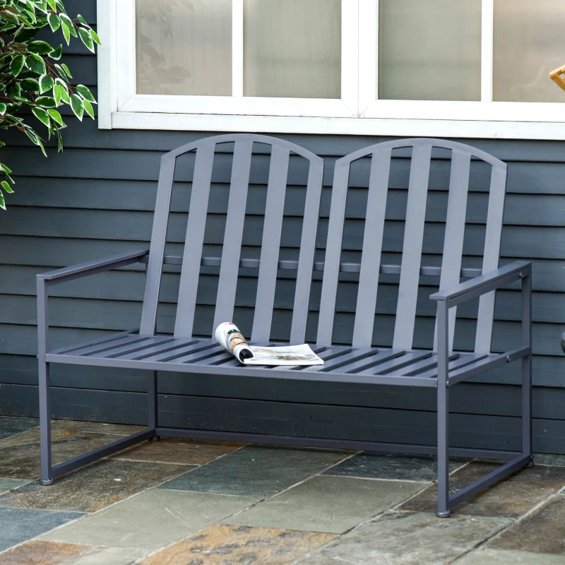 Grey Steel Outdoor Garden Bench Loveseat with Slatted Design