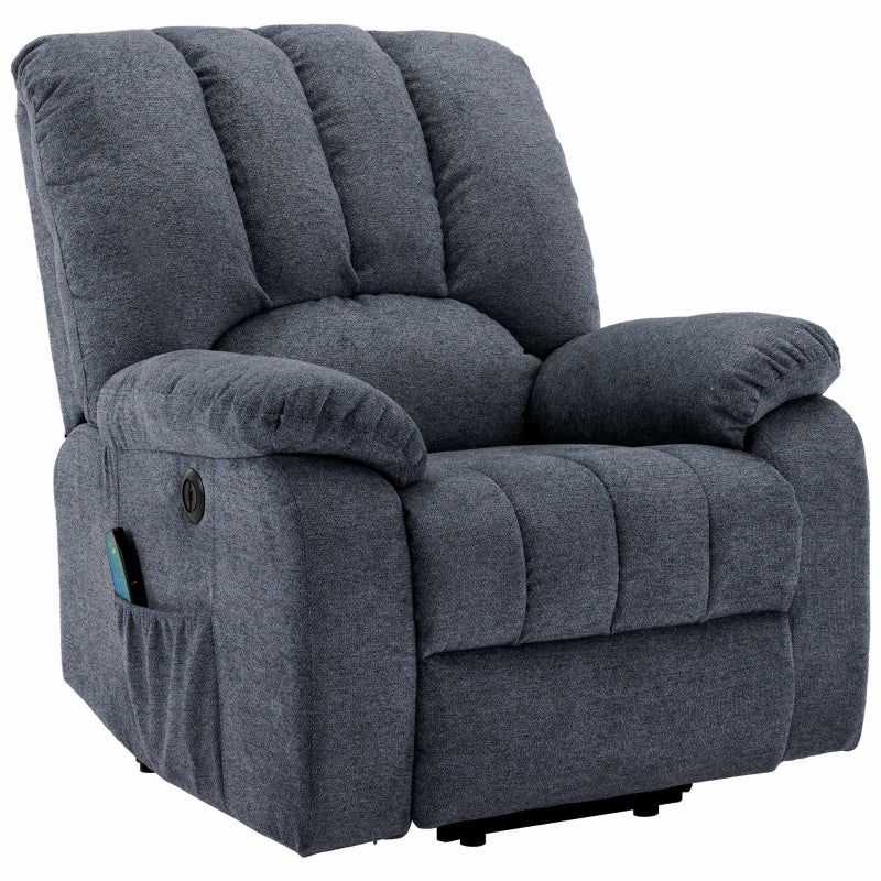 Electric Recliner Armchair with Heating, Massage, USB Ports, and Side Pockets - Light Grey-Blue, 92x94x105 cm