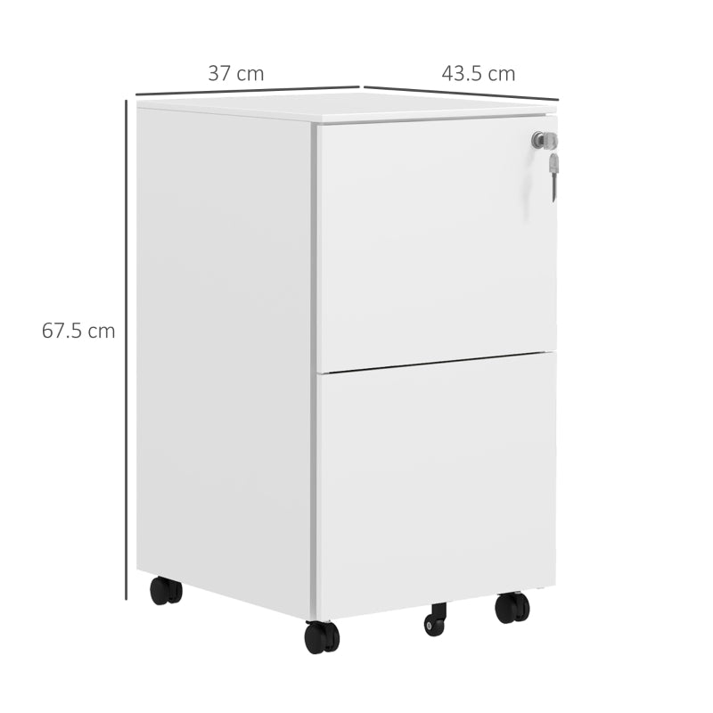 Vinsetto 2-Drawer Vertical Filing Cabinet with Lock & Wheels - Mobile Steel File Cabinet for A4, Legal, Letter Size - White