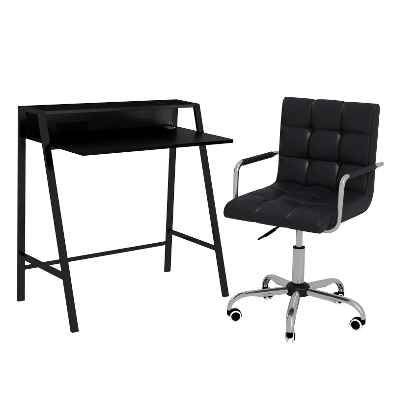 Home Office Chair and Desk Set - Faux Leather Swivel Chair with Storage Shelf, Black Study Desk for Comfort & Style