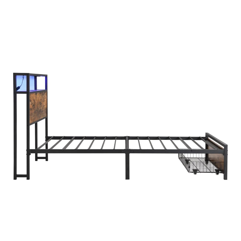 Unique Black Metal Bed with LED Light Strip, USB Ports & Drawer - Modern Bedroom Furniture, 207.5x90.5x105 cm, Dark Walnut Accent