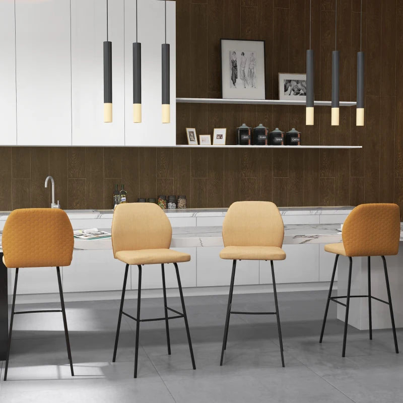 Set of 4 Linen-Touch Upholstered Bar Stools with Backs, Steel Legs - Light Brown Kitchen Chairs for Dining Room