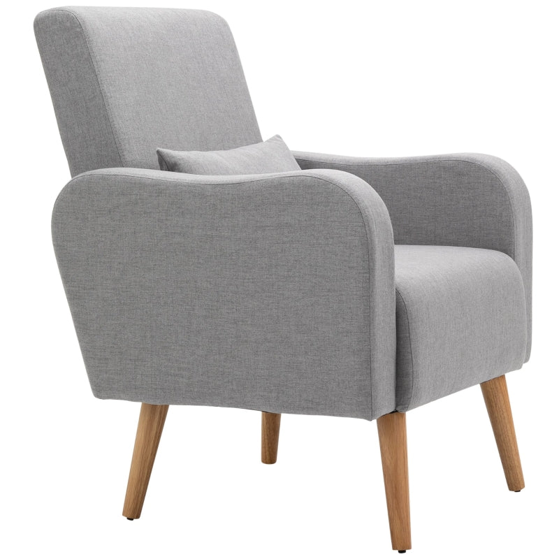 Linen-Touch Accent Chair with Pillow - Upholstered Lounge Sofa for Living Room, Grey Club Chair with Wooden Frame