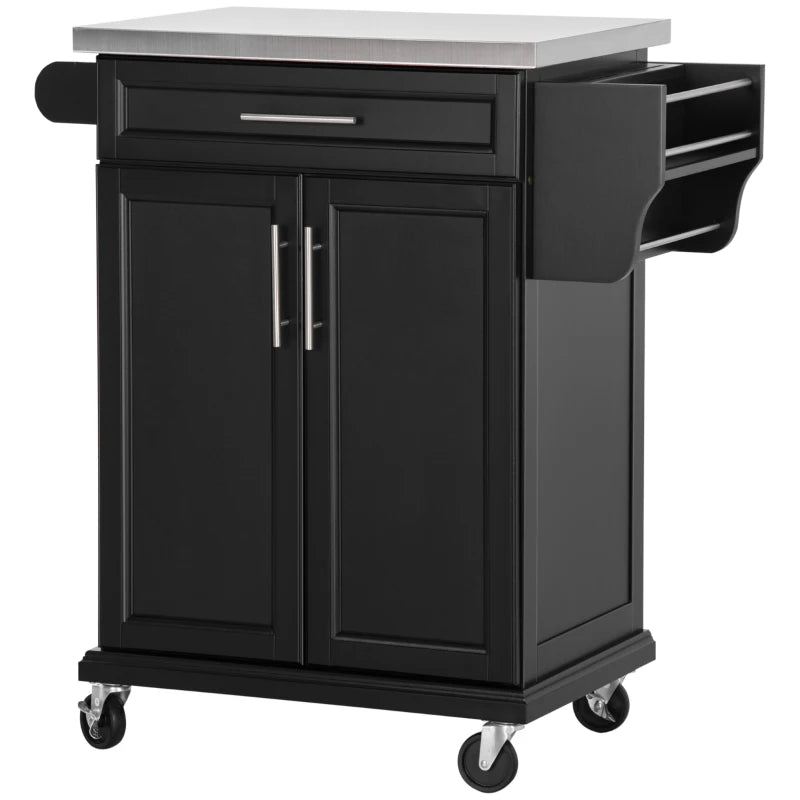 Wooden Kitchen Island on Wheels - Black Serving Cart with Stainless Steel Top, Drawer, Side Handle & Storage Rack