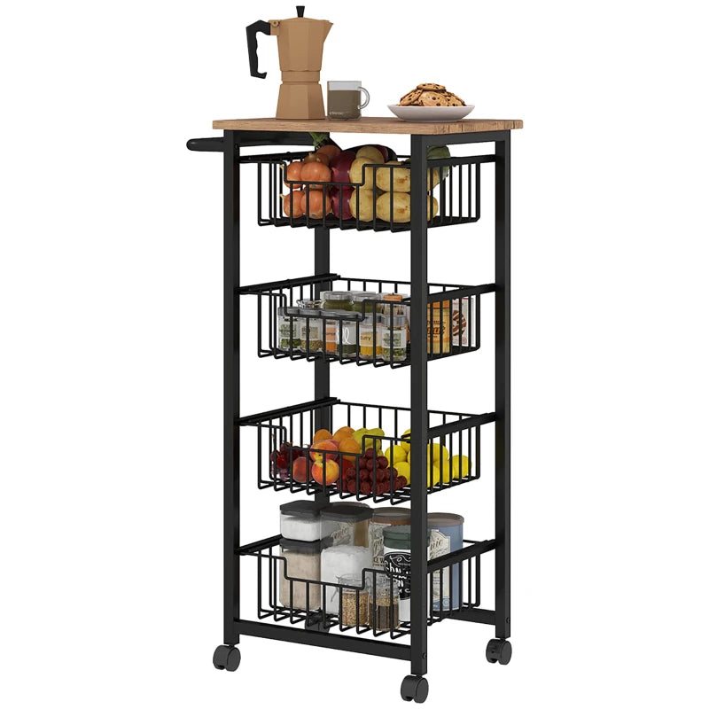 Stylish Four Basket Mobile Kitchen Island with Brakes - Oak and Black Finish for Easy Mobility and Storage